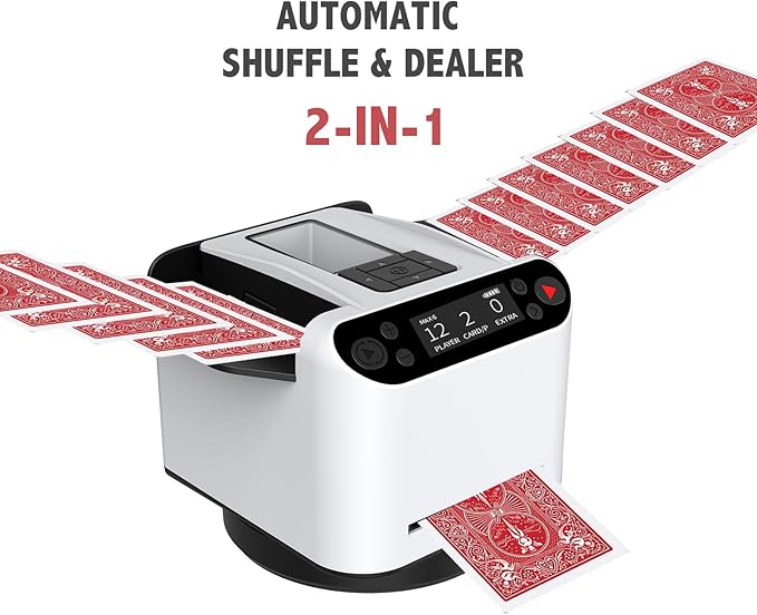 (Shuffle and Deal Combined）Automatic Card Shuffler and Dealer 2-in-1 MAX VI for 2-12 Players for UNO, Taco Cat Goat Cheese Pizza, Five Crowns Card Games, Poker.It is Rechargeable, Quiet, with 4 Wireless Draw Buttons